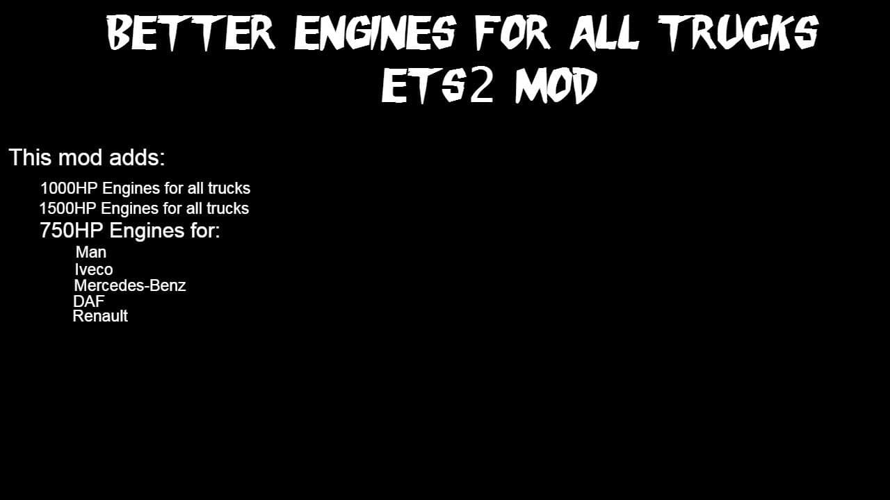 BETTER ENGINES FOR ALL TRUCKS – Parts mod for Euro Truck Simulator 2