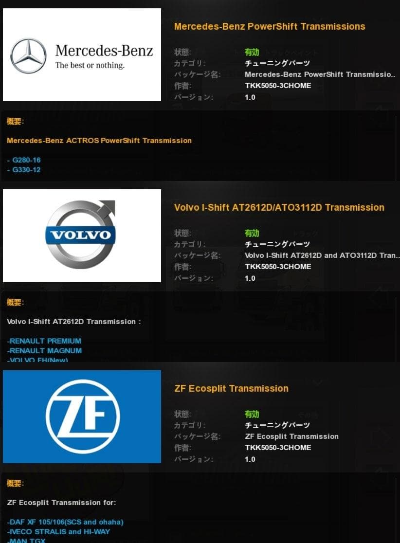 TRANSMISSIONS PACK V1.0 – Parts mod for Euro Truck Simulator 2