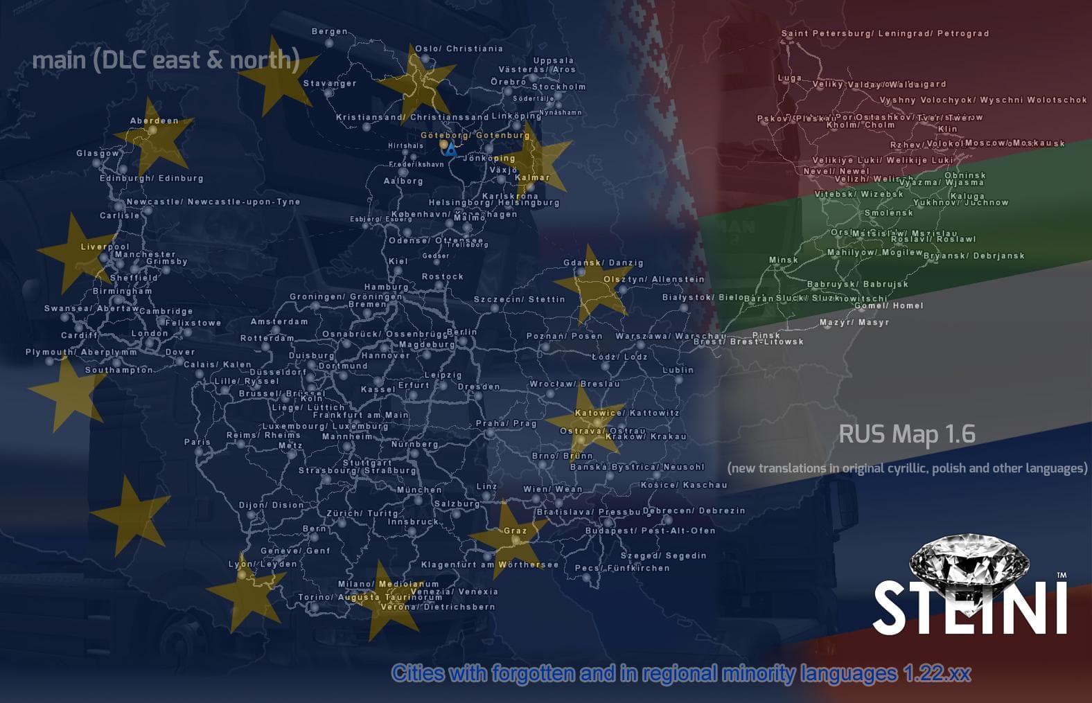 CITIES NAMES (+ RUS MAP 1.4.9 & 1.5) V1.18.XX & 1.19.XX BY STEINI – Maps mod for Euro Truck Simulator 2