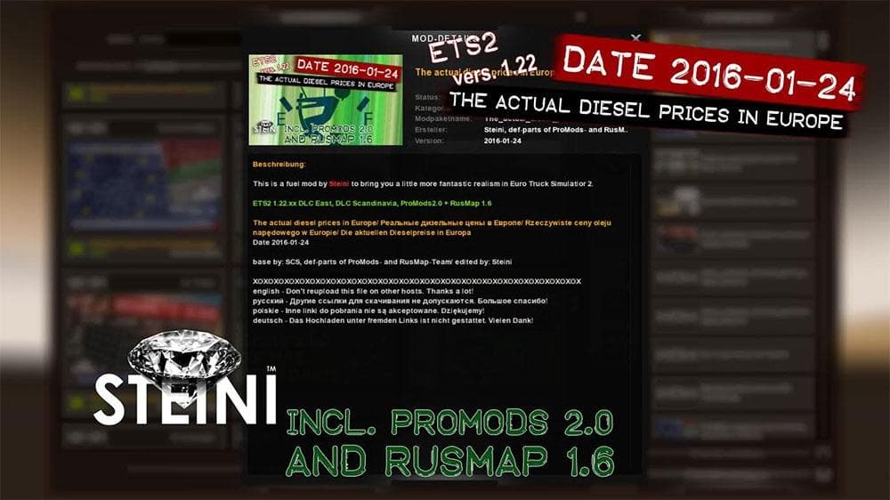 ACTUAL DIESEL PRICES IN EUROPE + BELARUS & RUSSIA 2016-01-24 – Sounds mod for Euro Truck Simulator 2