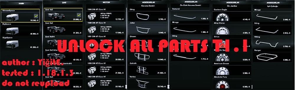 Unlock All Parts [T1.1] – Parts mod for Euro Truck Simulator 2