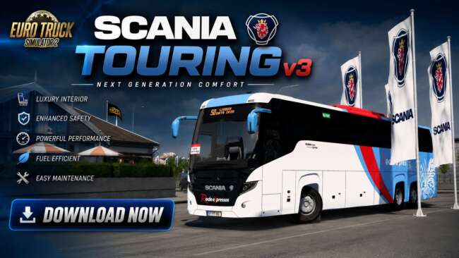 Scania Touring 6x2 HD 2026 V3 Bus Mod | ETS2 v1.60 – Buses mod for Euro Truck Simulator 2