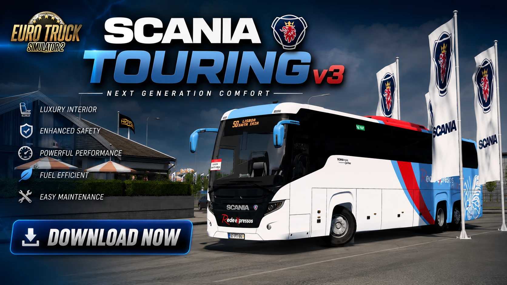 Scania Touring 6x2 HD 2026 V3 Bus Mod ETS2 v1.60 ETS2 - Euro Truck Simulator 2 Mods | American Truck Simulator Mods – Buses mod for Euro Truck Simulator 2